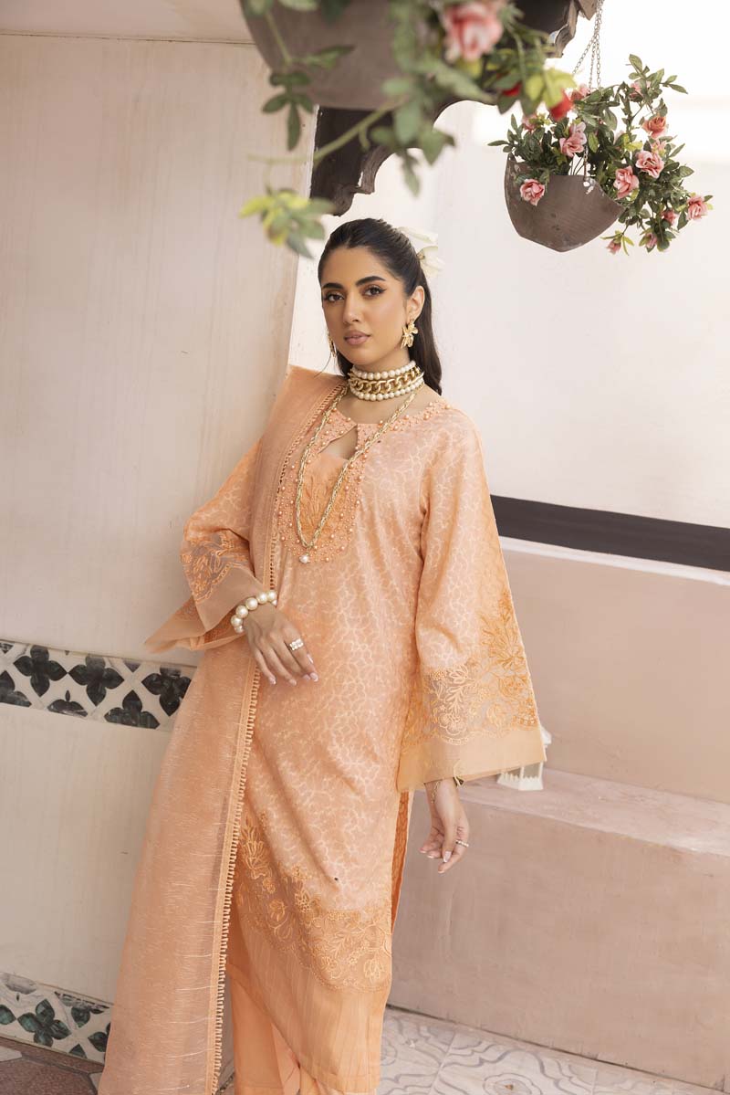 Ally's Luxury Lawn Chikan Kari Eid Suit Peach AL708 - Desi Posh