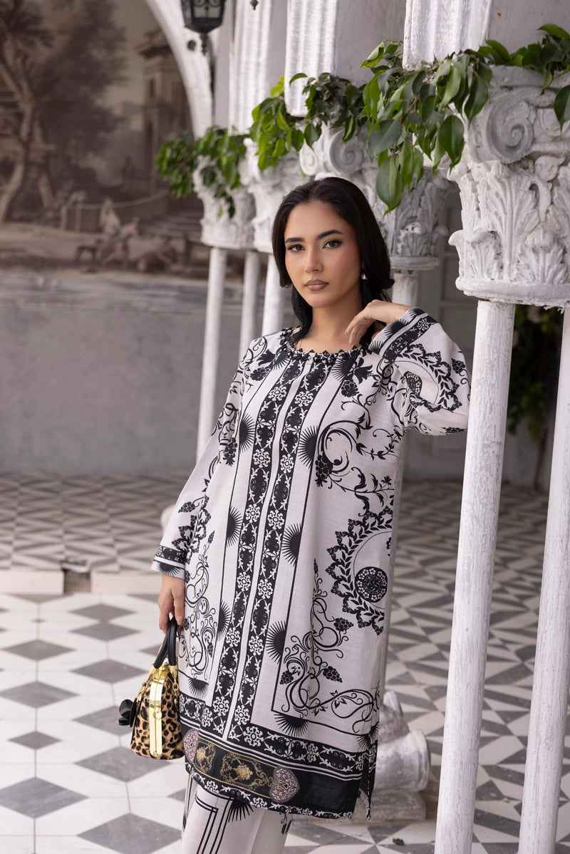 Sapphire Inspired 2 Piece Co-ords Khaddar Winter Outfit Black and White