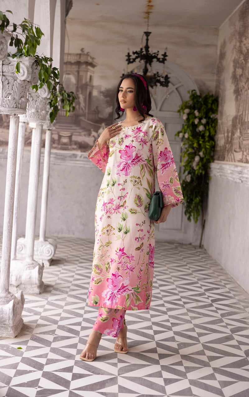 Sapphire Inspired 2 Piece Co-ords Khaddar Winter Outfit Pink and Cream