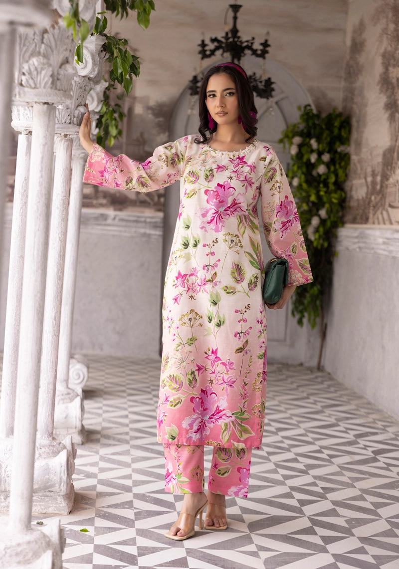 Sapphire Inspired 2 Piece Co-ords Khaddar Winter Outfit Pink and Cream