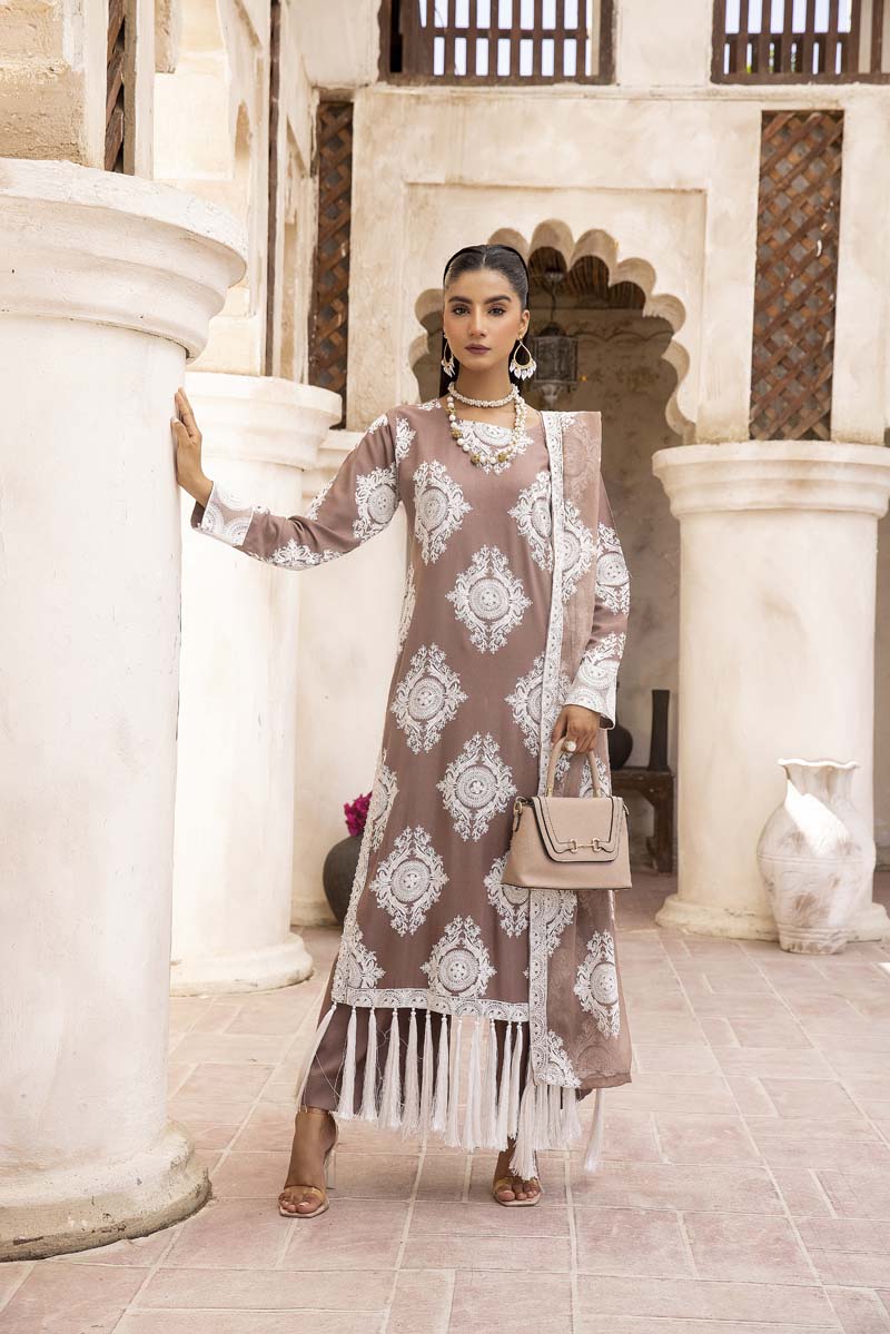 Chand Brown Ladies 3 Piece Suit With Embroidered Dupatta - Desi Posh