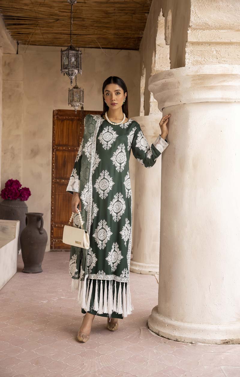 Chand Green Ladies 3 Piece Suit With Embroidered Dupatta - Desi Posh
