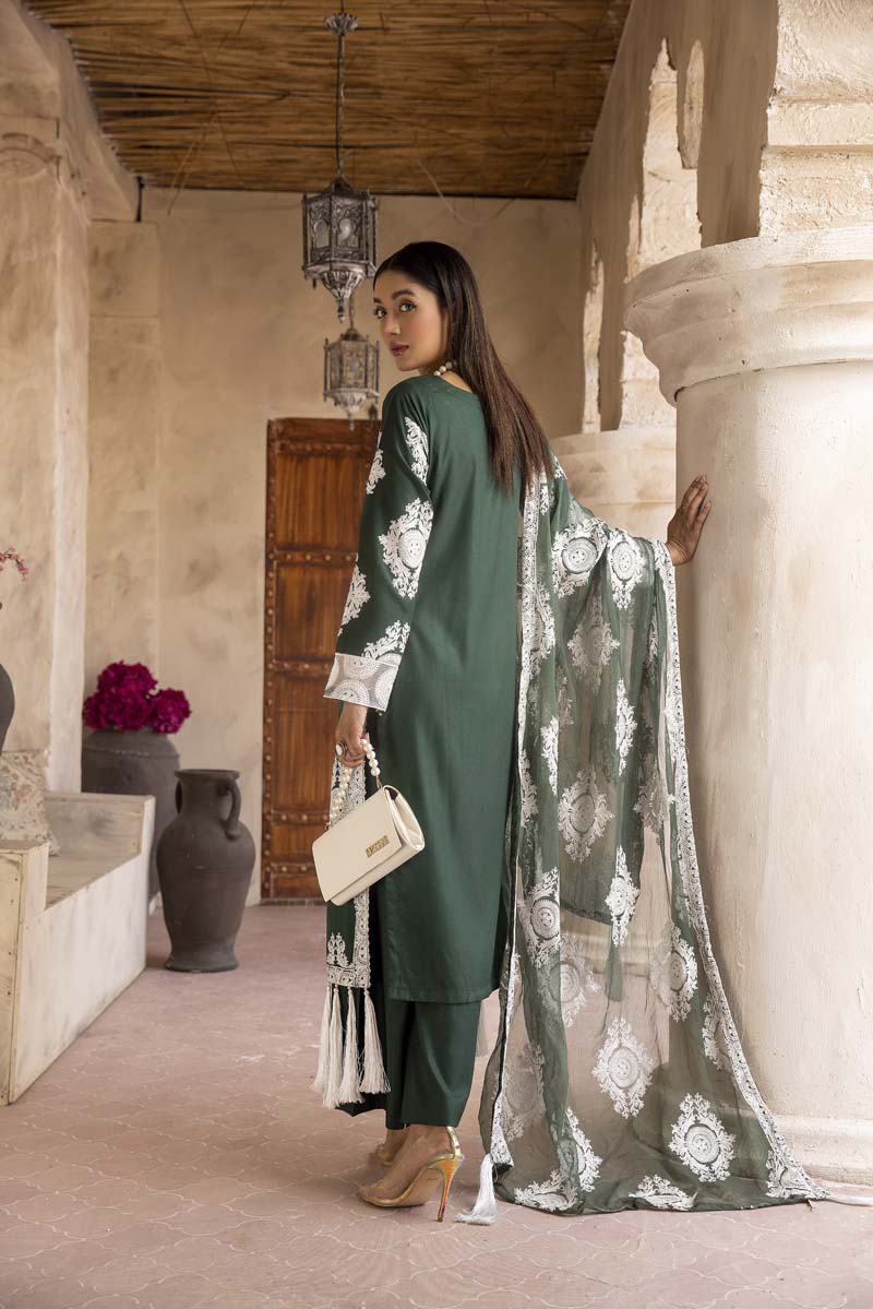 Chand Green Ladies 3 Piece Suit With Embroidered Dupatta - Desi Posh