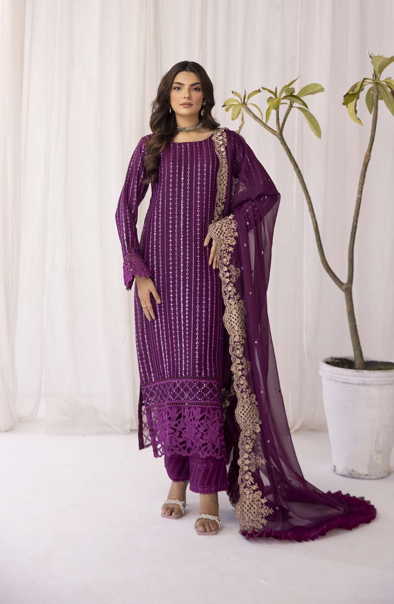 Azure Inspired Embroidered Onyx Plum 3 Piece Wedding Outfit - Desi Posh