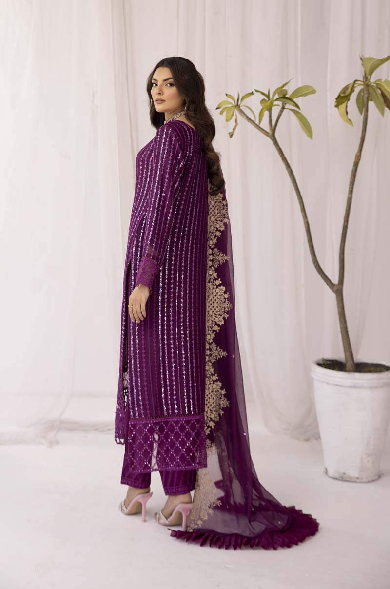 Azure Inspired Embroidered Onyx Plum 3 Piece Wedding Outfit - Desi Posh