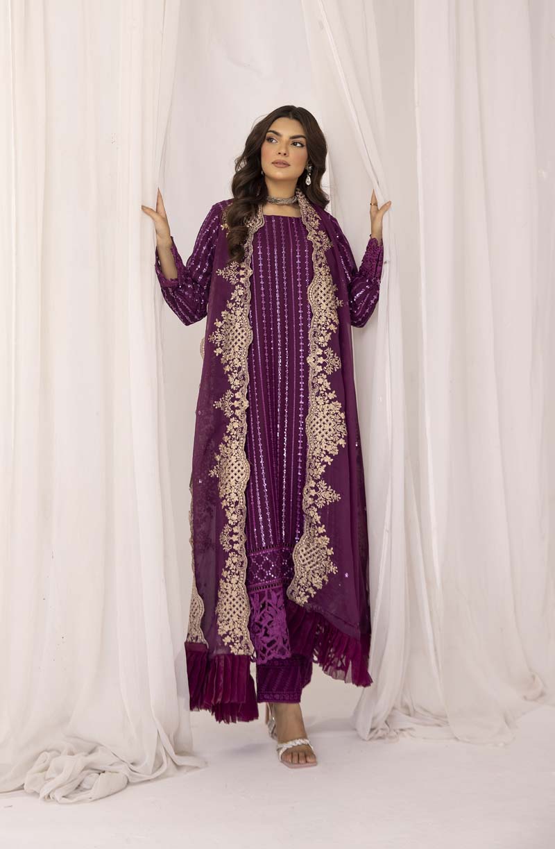 Azure Inspired Embroidered Onyx Plum 3 Piece Wedding Outfit - Desi Posh