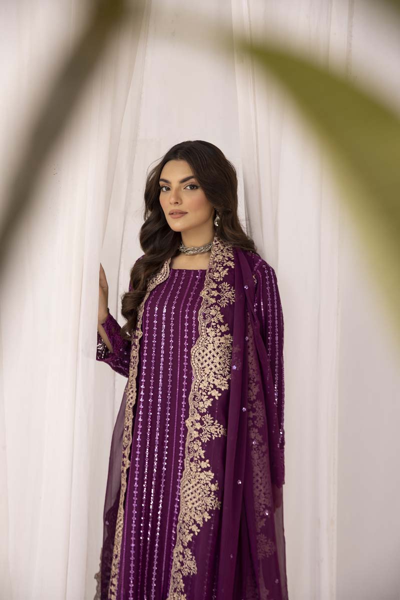 Azure Inspired Embroidered Onyx Plum 3 Piece Wedding Outfit - Desi Posh