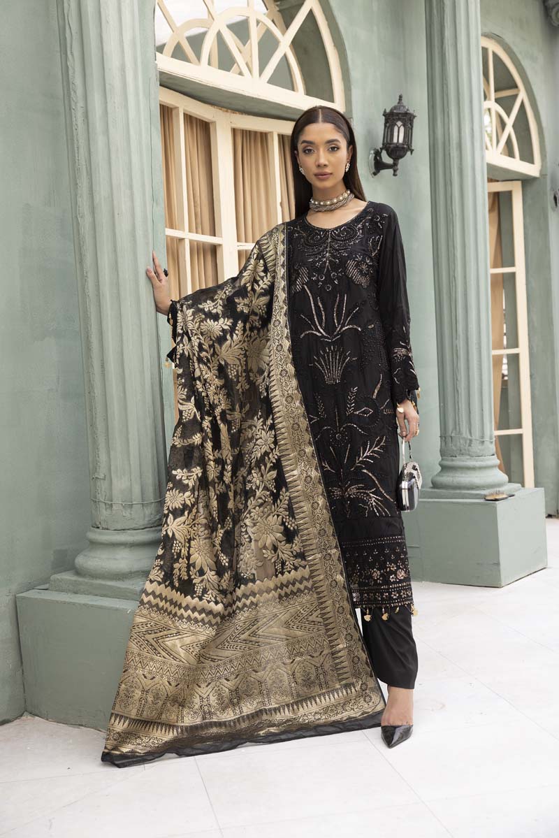 Rozana Luxe Embroidered 3 Piece Linen Palazzo Outfit Black