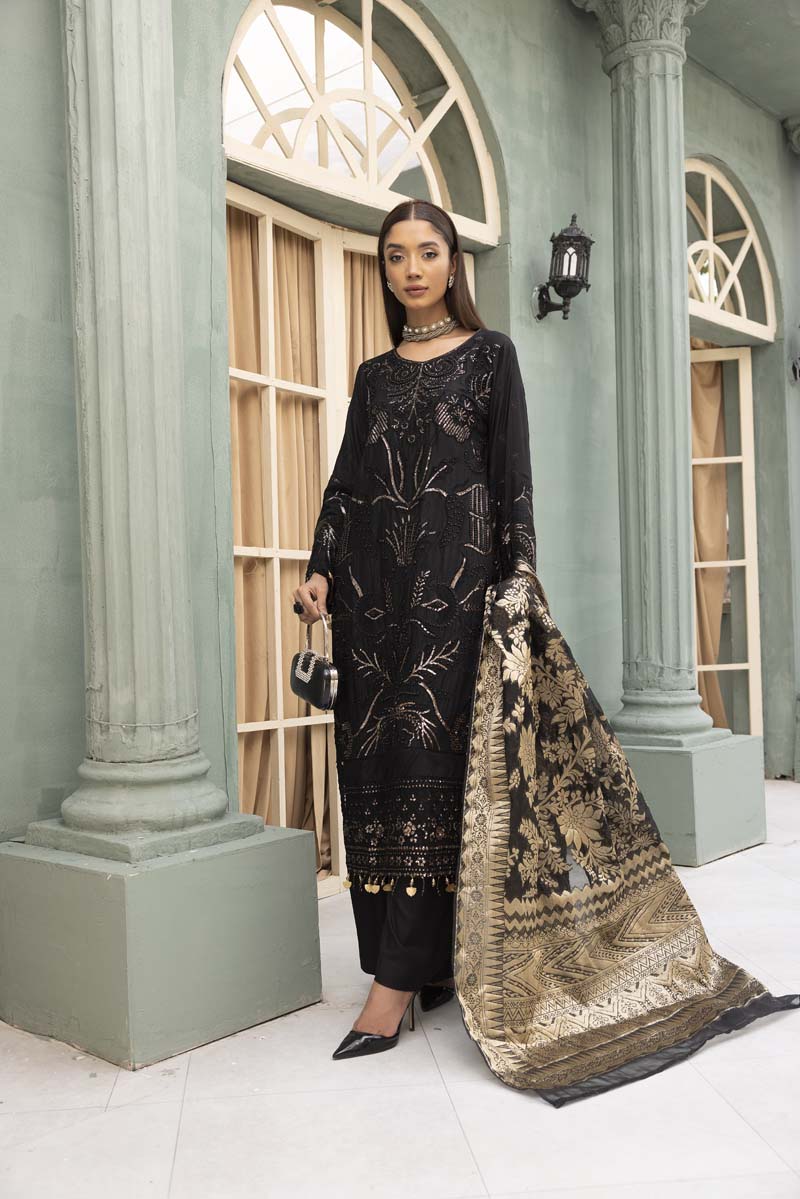 Rozana Luxe Embroidered 3 Piece Linen Palazzo Outfit Black