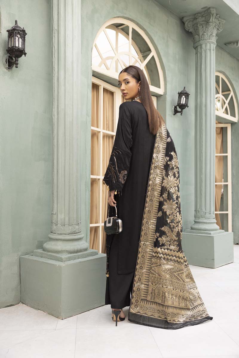 Rozana Luxe Embroidered 3 Piece Linen Palazzo Outfit Black