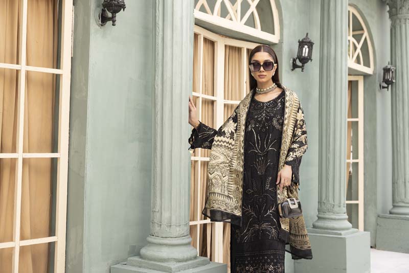 Rozana Luxe Embroidered 3 Piece Linen Palazzo Outfit Black
