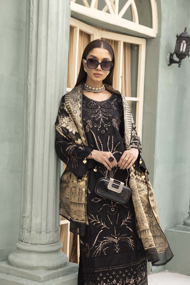 Rozana Luxe Embroidered 3 Piece Linen Palazzo Outfit Black