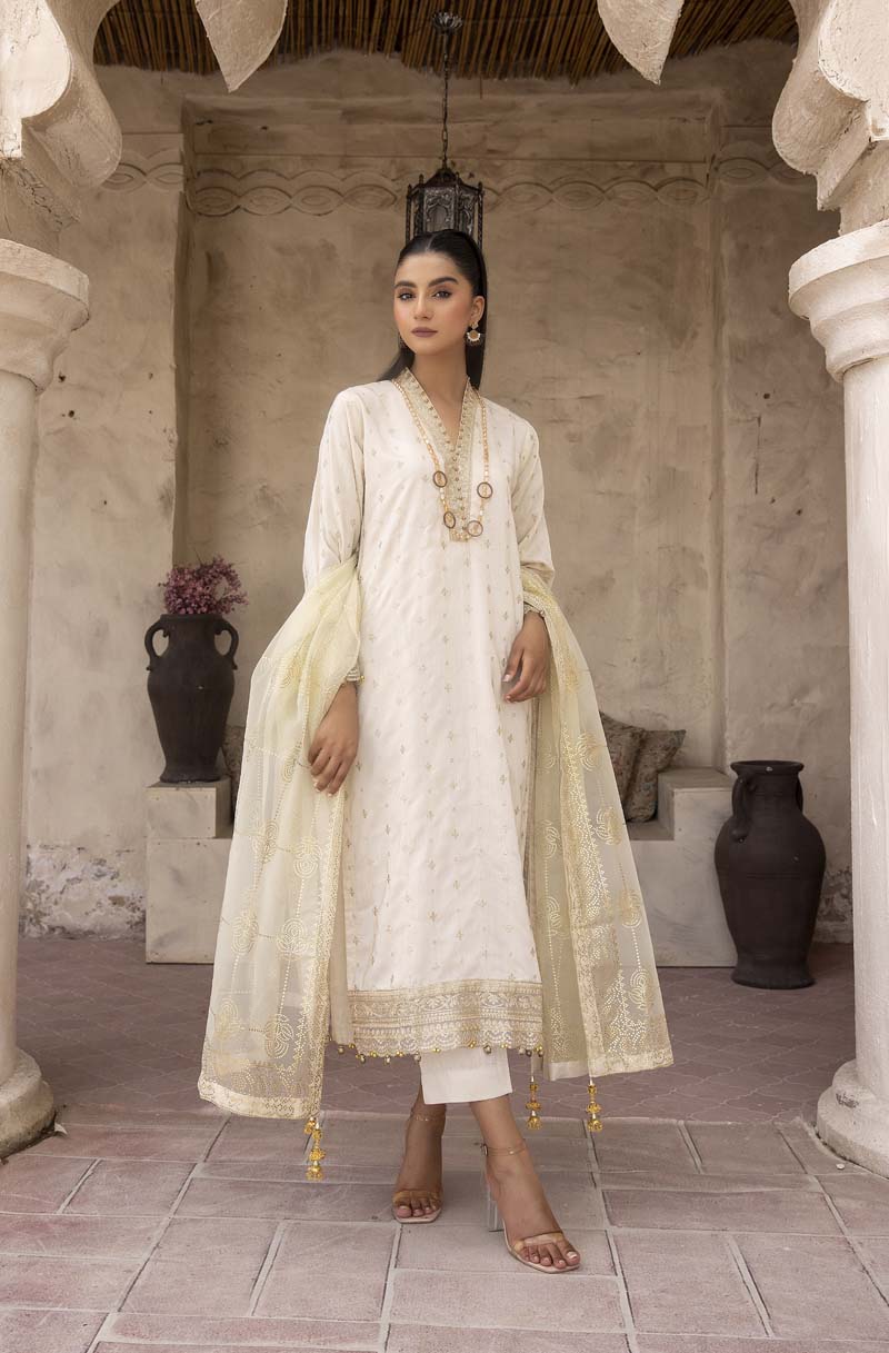 Khaadi inspired Viscose 3 Piece Cream Eid Outfit - Desi Posh
