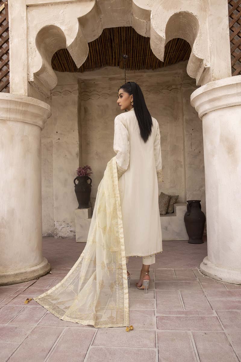 Khaadi inspired Viscose 3 Piece Cream Eid Outfit - Desi Posh