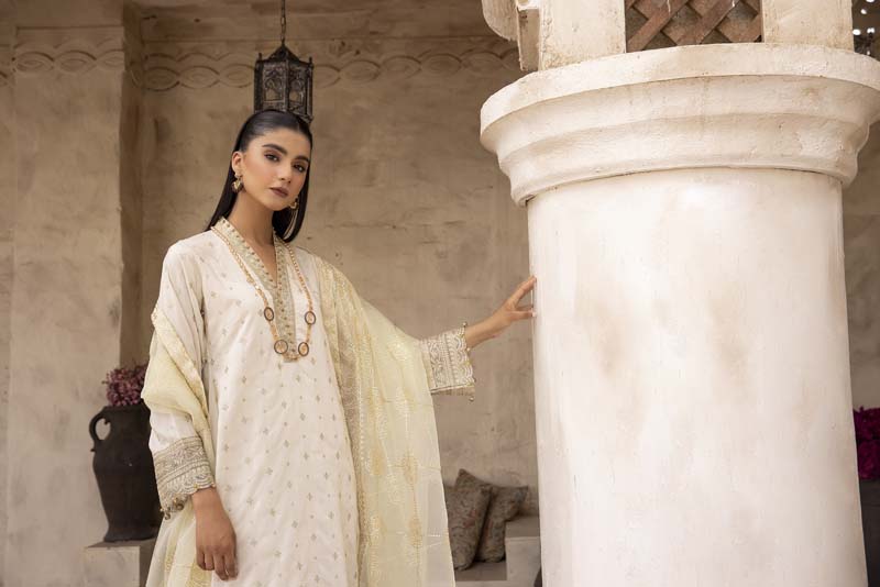 Khaadi inspired Viscose 3 Piece Cream Eid Outfit - Desi Posh