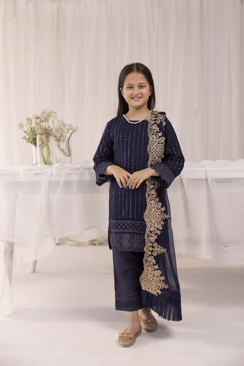 Azure Inspired Mummy & Me Girls Onyx Blue 3 Piece Wedding Outfit - Desi Posh