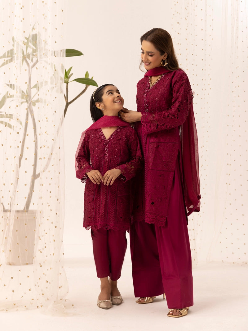 Maria B Inspired Girls Deep Pink Chikan Kari Mummy & Me Eid Outfit