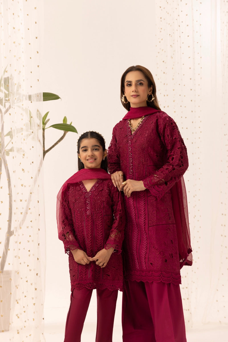 Maria B Inspired Girls Deep Pink Chikan Kari Mummy & Me Eid Outfit