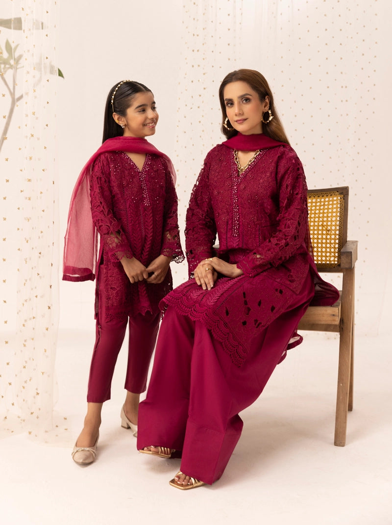 Maria B Inspired Girls Deep Pink Chikan Kari Mummy & Me Eid Outfit
