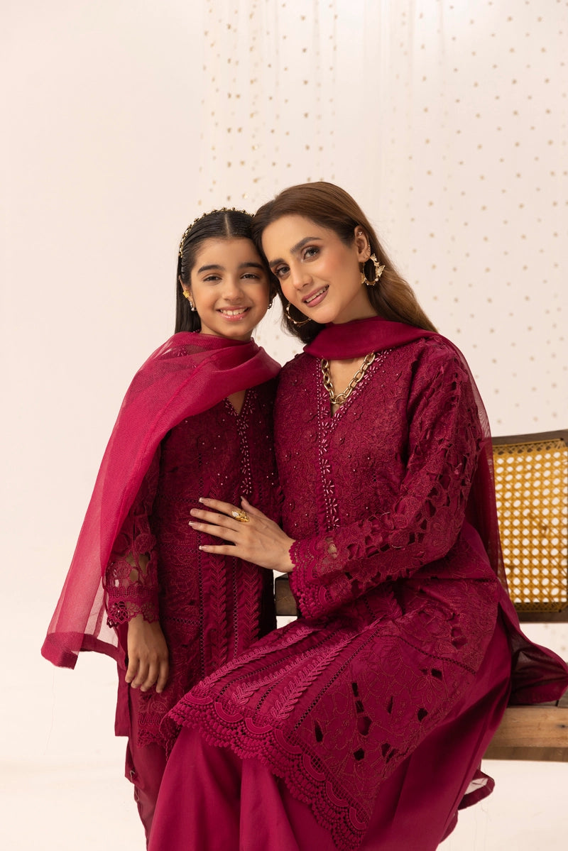 Maria B Inspired Girls Deep Pink Chikan Kari Mummy & Me Eid Outfit