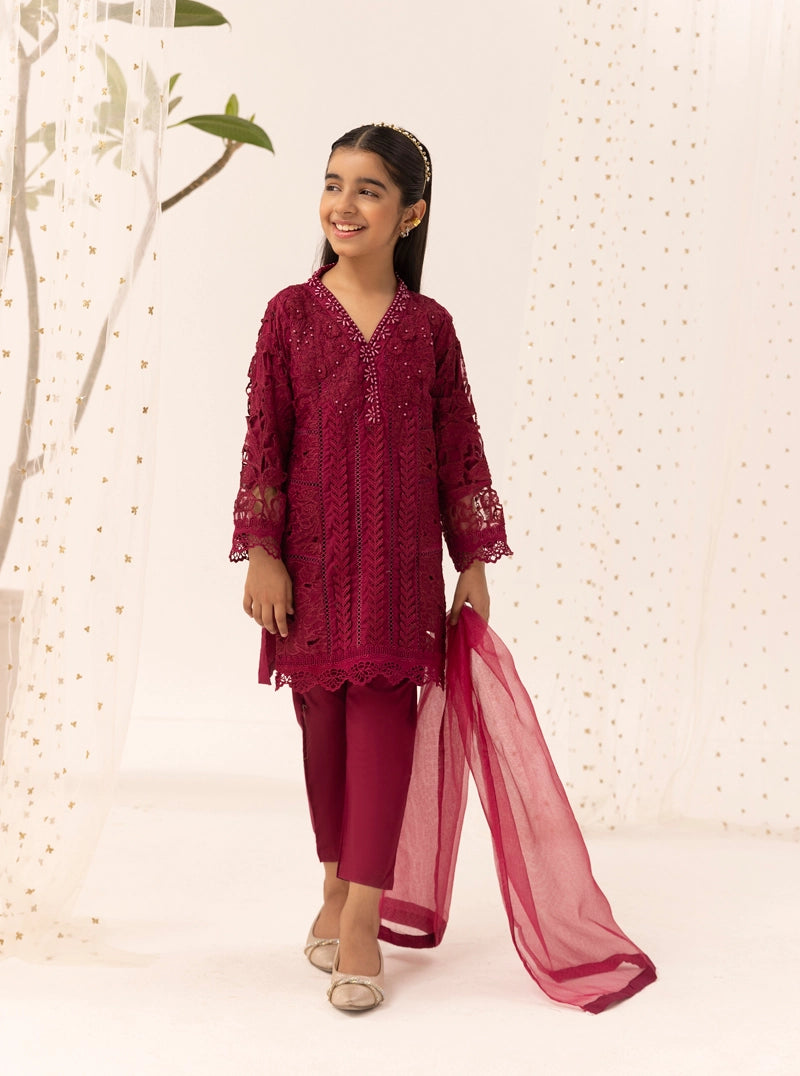 Maria B Inspired Girls Deep Pink Chikan Kari Mummy & Me Eid Outfit