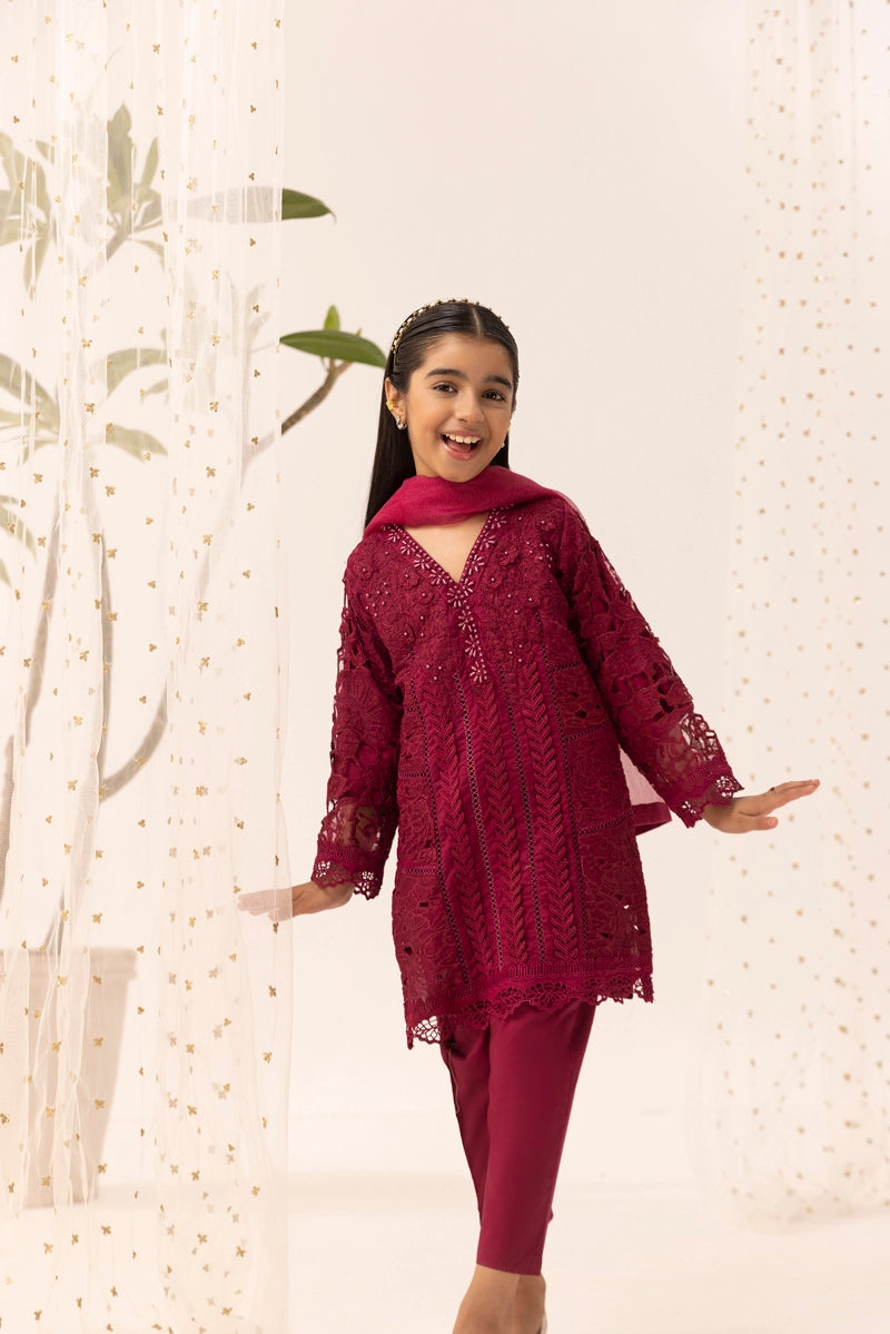 Maria B Inspired Girls Deep Pink Chikan Kari Mummy & Me Eid Outfit