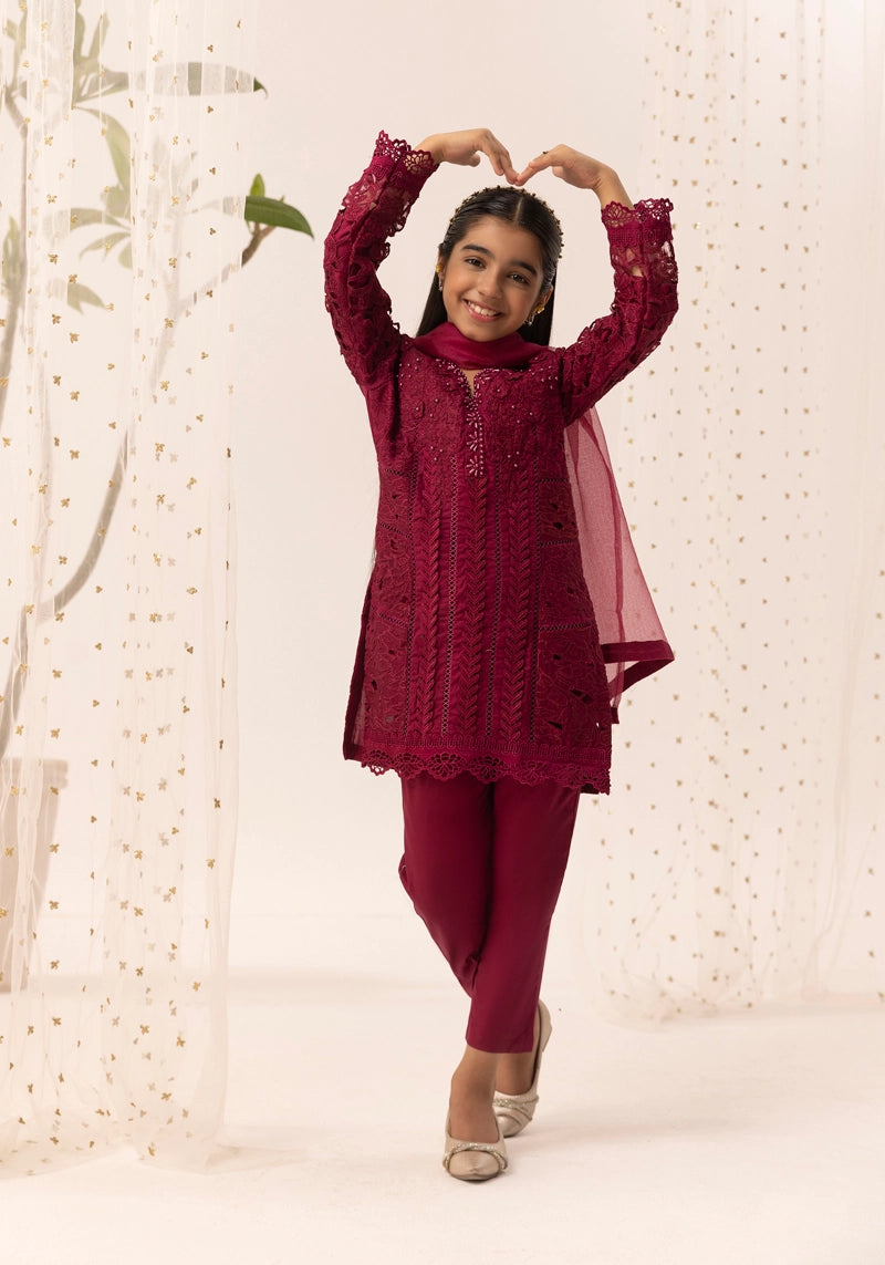 Maria B Inspired Girls Deep Pink Chikan Kari Mummy & Me Eid Outfit