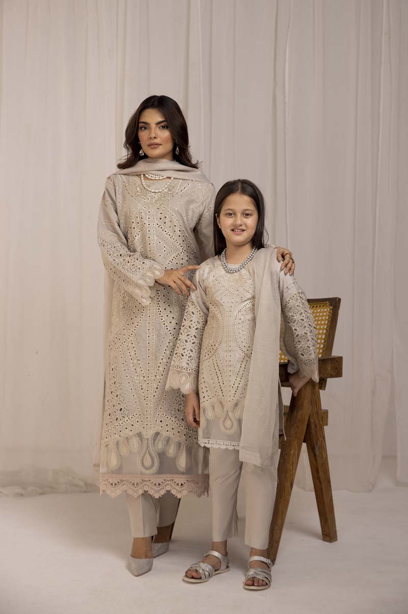 Maria B Inspired Girls Beige Chikan Kari Mummy & Me Eid Outfit - Desi Posh
