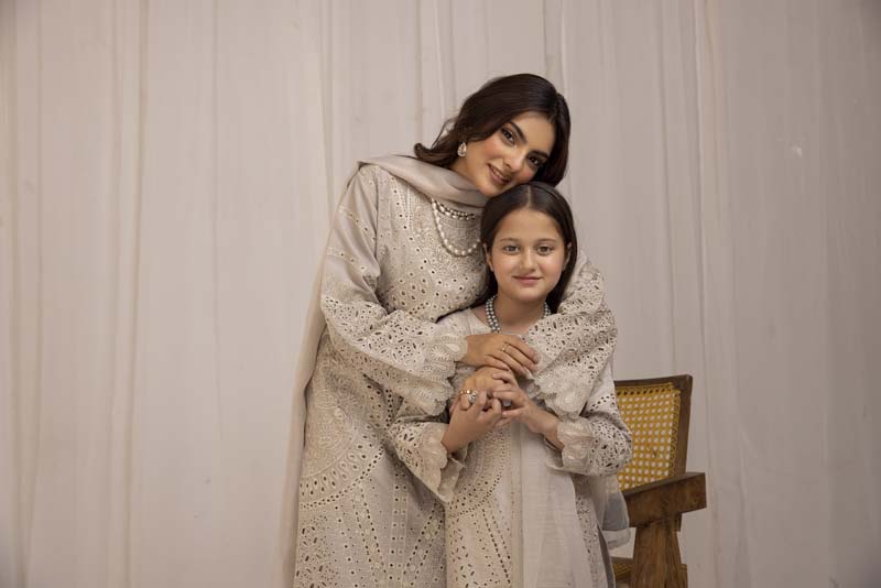 Maria B Inspired Girls Beige Chikan Kari Mummy & Me Eid Outfit - Desi Posh