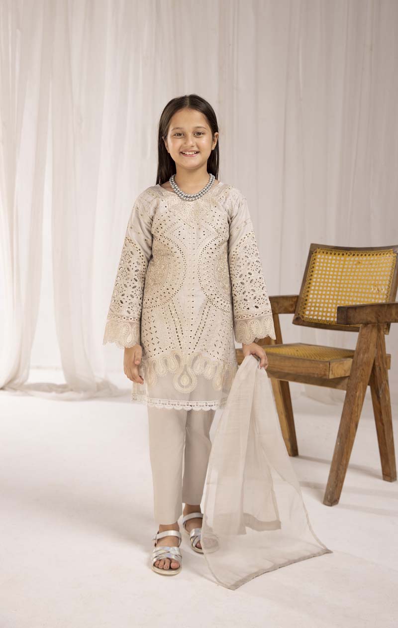 Maria B Inspired Girls Beige Chikan Kari Mummy & Me Eid Outfit - Desi Posh