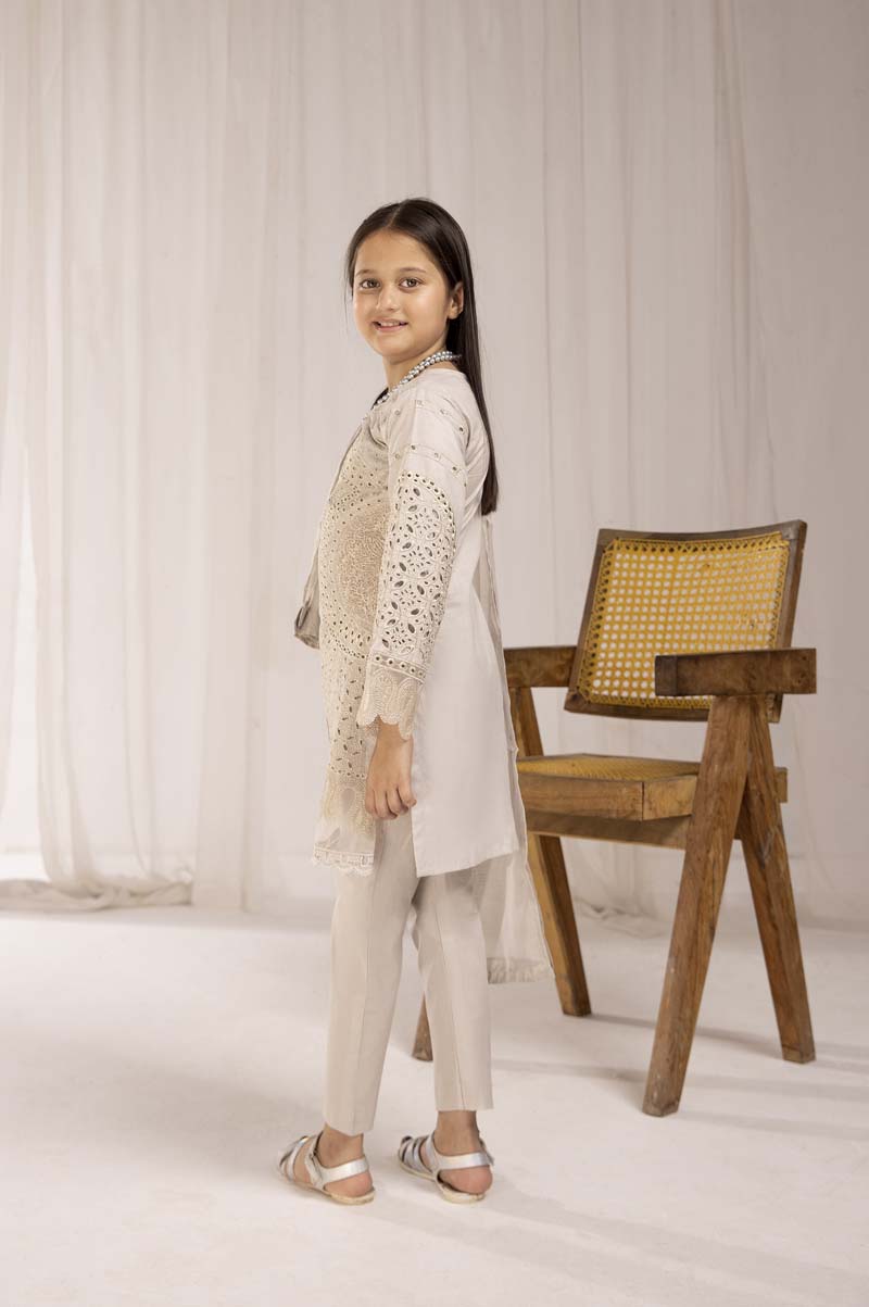 Maria B Inspired Girls Beige Chikan Kari Mummy & Me Eid Outfit - Desi Posh