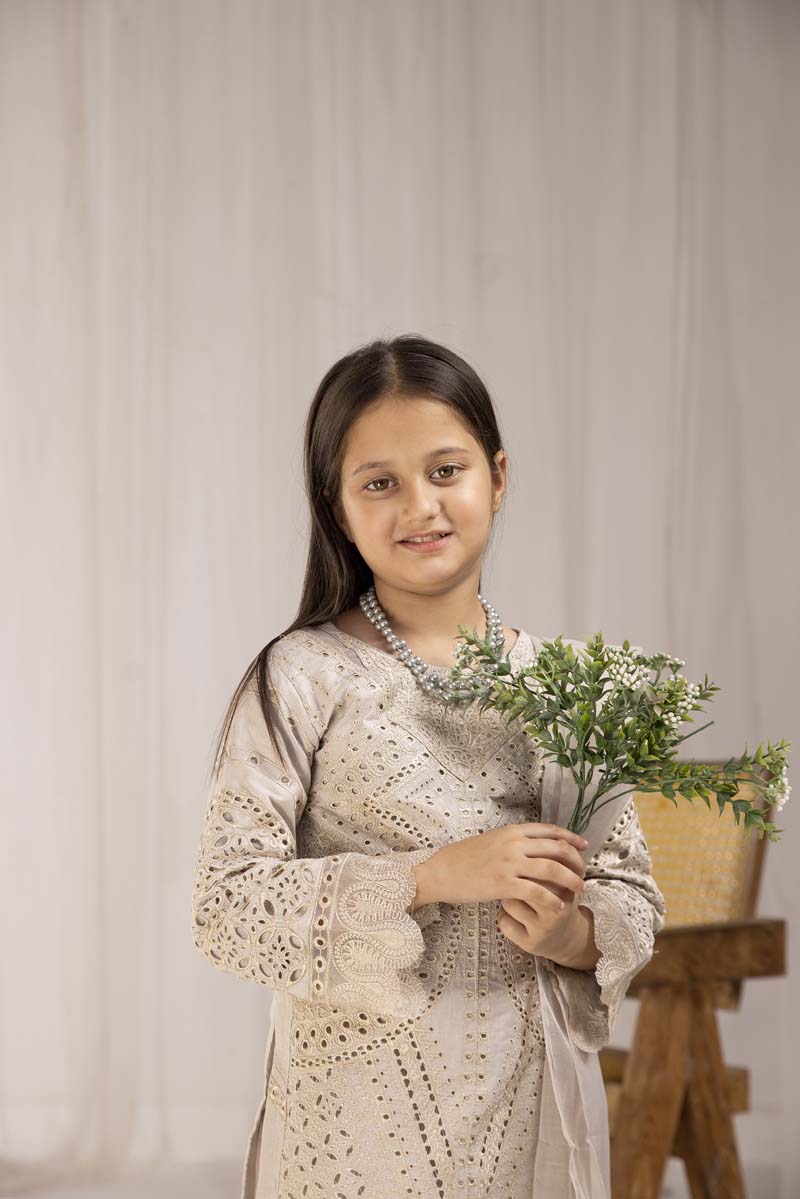 Maria B Inspired Girls Beige Chikan Kari Mummy & Me Eid Outfit - Desi Posh