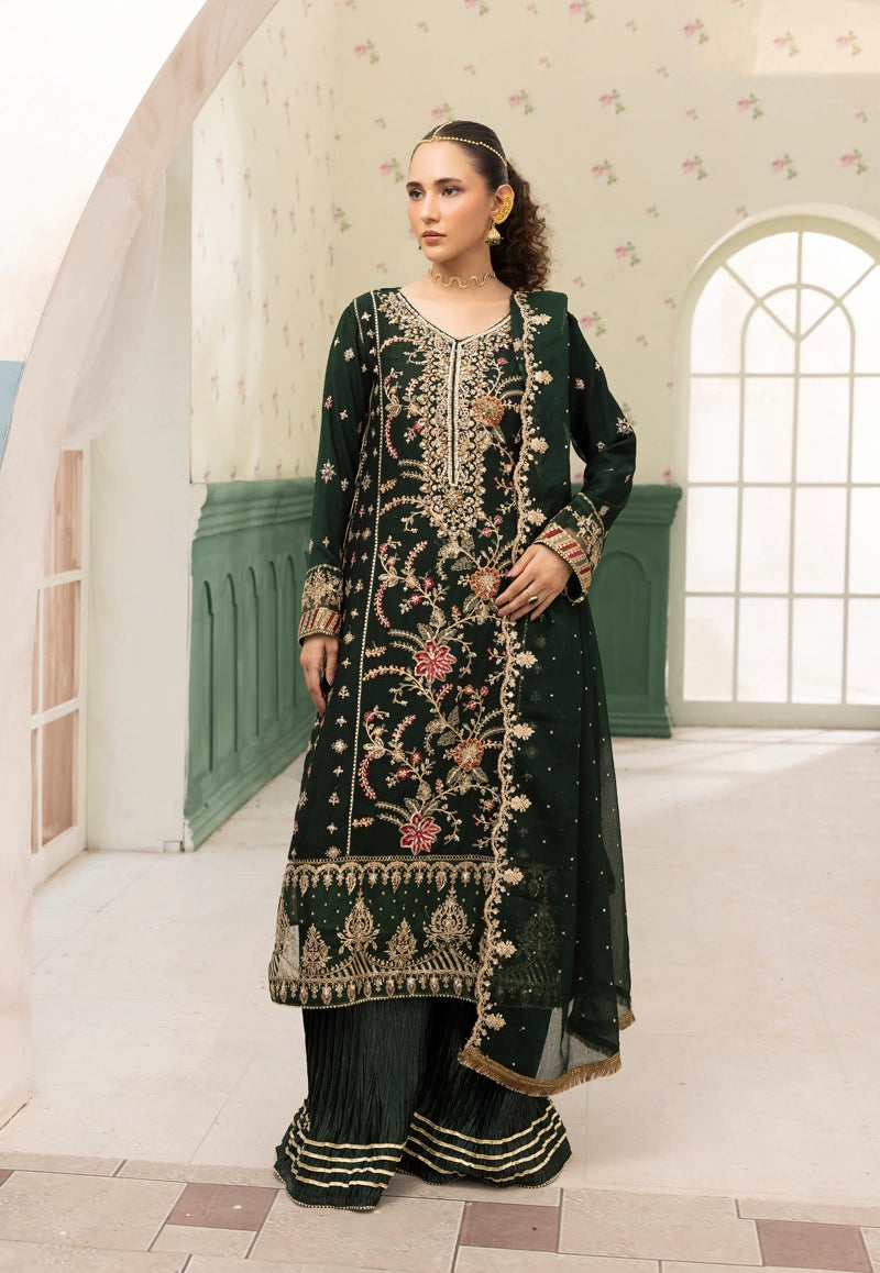 Maria B Inspired Mbroidered Chiffon 3 Piece Wedding Crinkle Sharara Outfit Green - Desi Posh