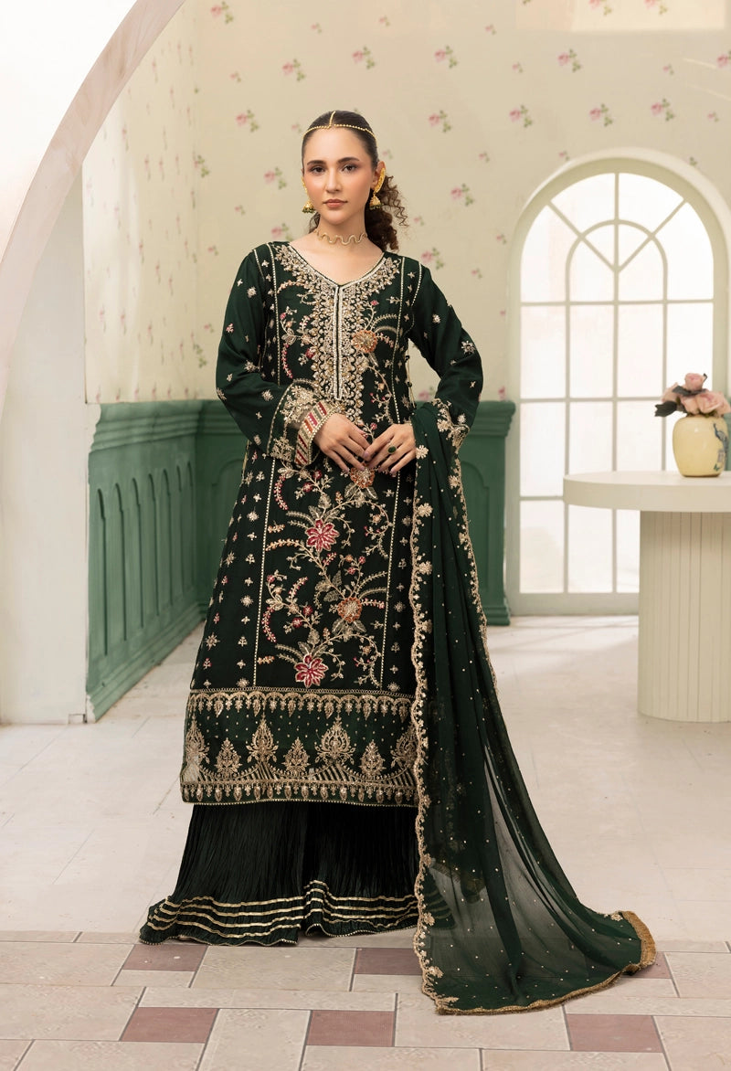 Maria B Inspired Mbroidered Chiffon 3 Piece Wedding Crinkle Sharara Outfit Green - Desi Posh