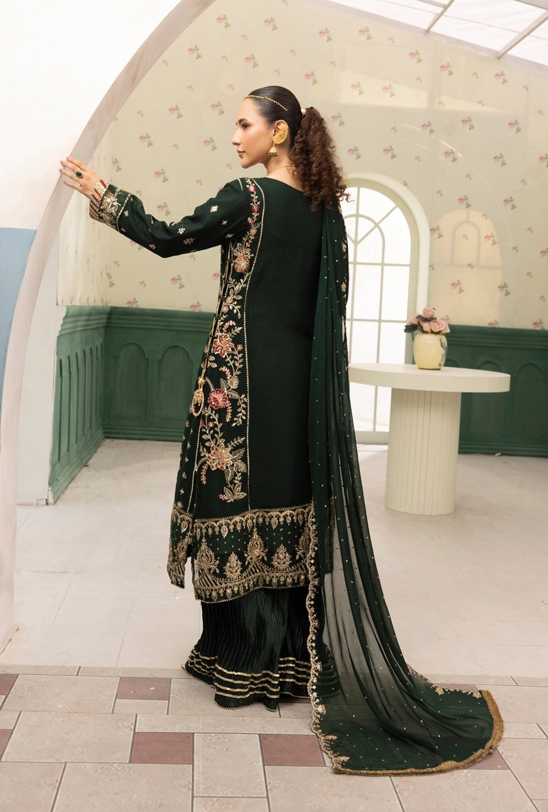 Maria B Inspired Mbroidered Chiffon 3 Piece Wedding Crinkle Sharara Outfit Green - Desi Posh