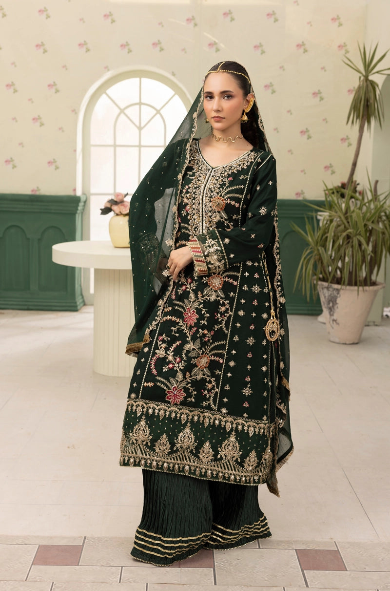 Maria B Inspired Mbroidered Chiffon 3 Piece Wedding Crinkle Sharara Outfit Green - Desi Posh