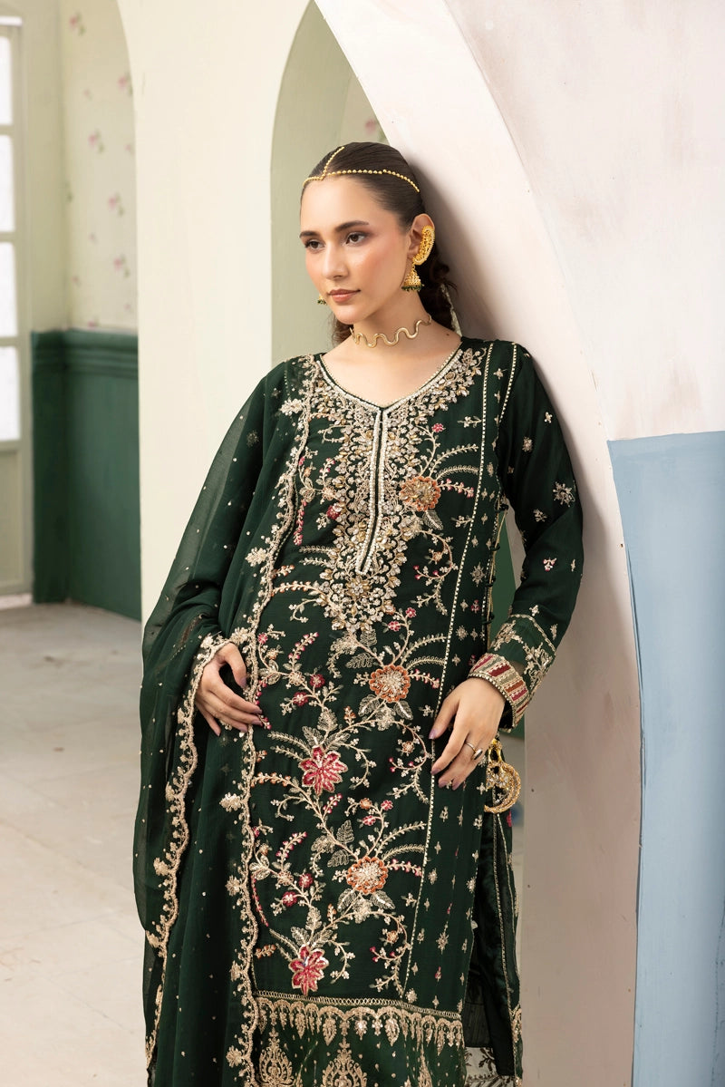 Maria B Inspired Mbroidered Chiffon 3 Piece Wedding Crinkle Sharara Outfit Green - Desi Posh