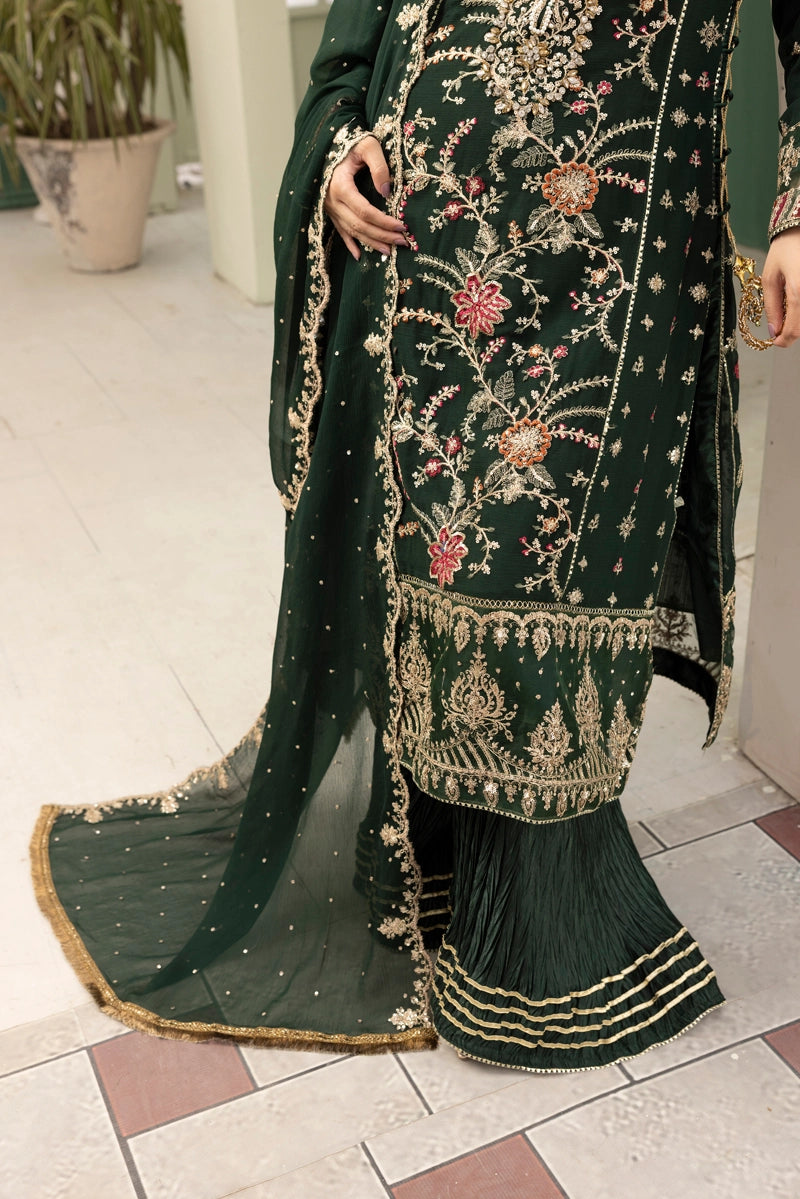 Maria B Inspired Mbroidered Chiffon 3 Piece Wedding Crinkle Sharara Outfit Green - Desi Posh