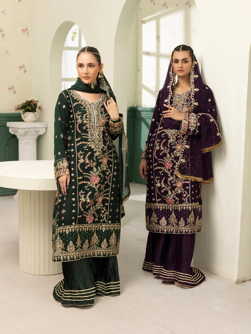 Maria B Inspired Mbroidered Chiffon 3 Piece Wedding Crinkle Sharara Outfit Green - Desi Posh