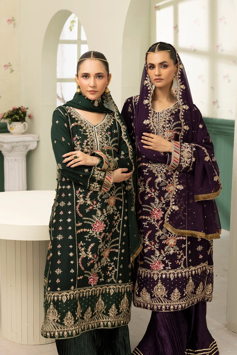 Maria B Inspired Mbroidered Chiffon 3 Piece Wedding Crinkle Sharara Outfit Grape - Desi Posh