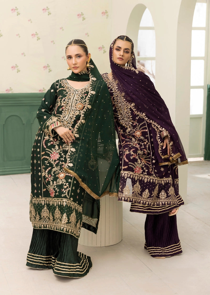 Maria B Inspired Mbroidered Chiffon 3 Piece Wedding Crinkle Sharara Outfit Grape - Desi Posh