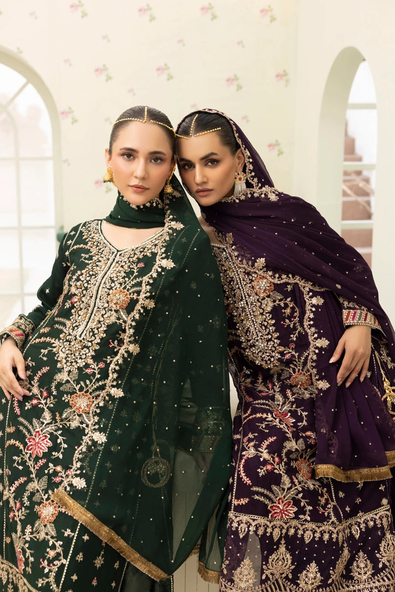 Maria B Inspired Mbroidered Chiffon 3 Piece Wedding Crinkle Sharara Outfit Grape - Desi Posh