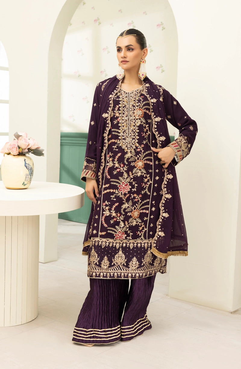 Maria B Inspired Mbroidered Chiffon 3 Piece Wedding Crinkle Sharara Outfit Grape - Desi Posh