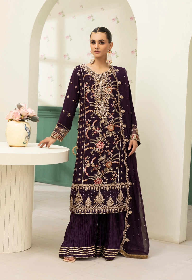 Maria B Inspired Mbroidered Chiffon 3 Piece Wedding Crinkle Sharara Outfit Grape - Desi Posh