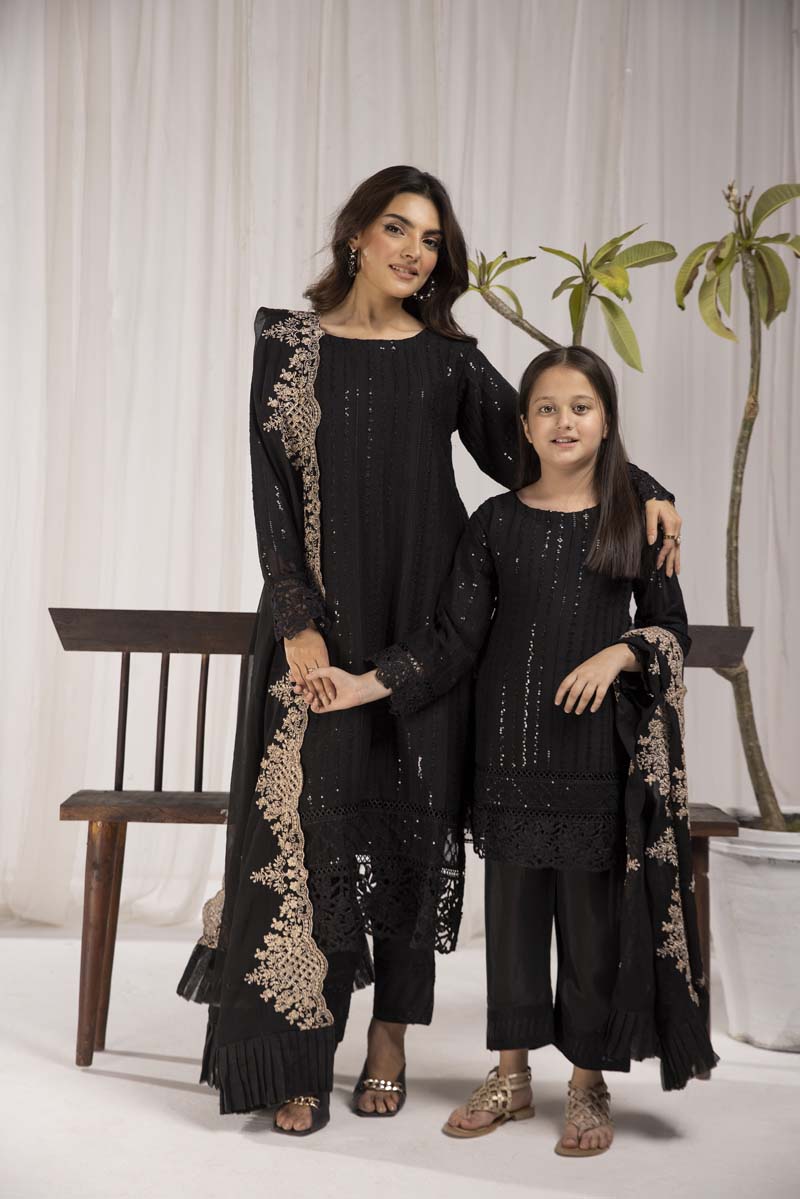 Azure Inspired Mummy & Me Girls Onyx Black 3 Piece Wedding Outfit - Desi Posh