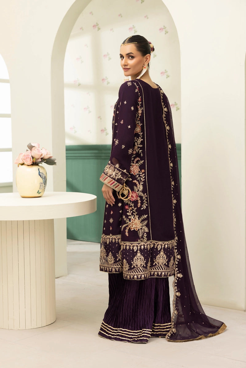 Maria B Inspired Mbroidered Chiffon 3 Piece Wedding Crinkle Sharara Outfit Grape - Desi Posh