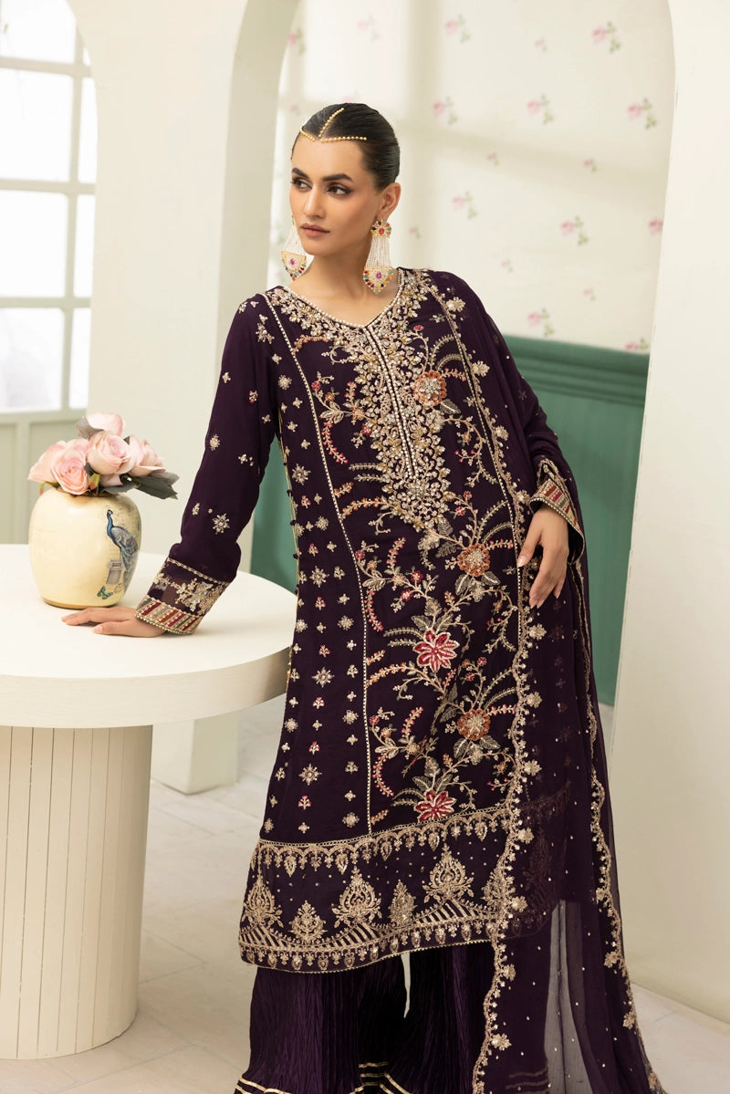 Maria B Inspired Mbroidered Chiffon 3 Piece Wedding Crinkle Sharara Outfit Grape - Desi Posh