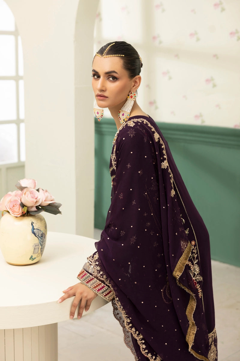 Maria B Inspired Mbroidered Chiffon 3 Piece Wedding Crinkle Sharara Outfit Grape - Desi Posh