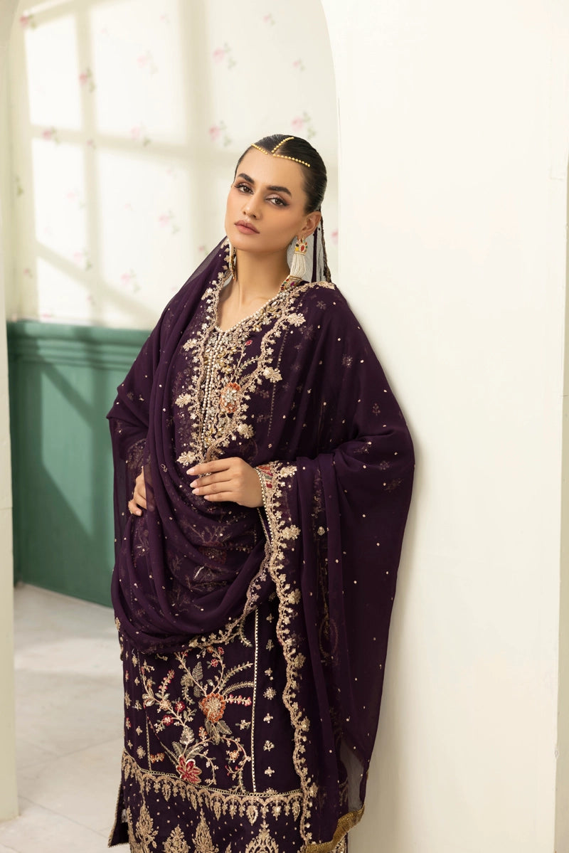 Maria B Inspired Mbroidered Chiffon 3 Piece Wedding Crinkle Sharara Outfit Grape - Desi Posh