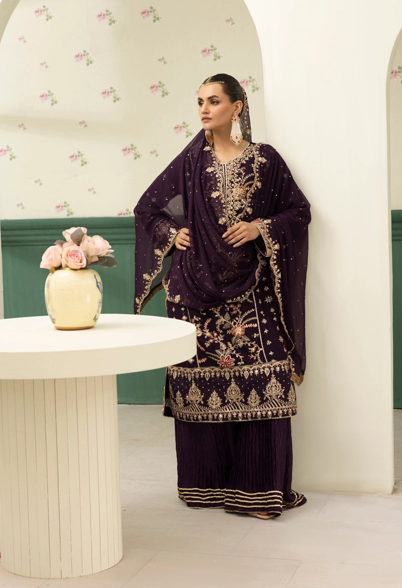 Maria B Inspired Mbroidered Chiffon 3 Piece Wedding Crinkle Sharara Outfit Grape - Desi Posh